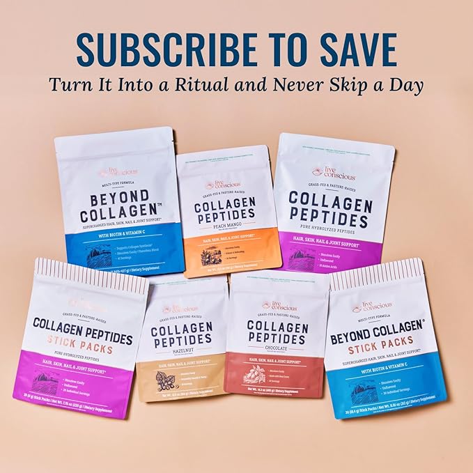 Live Conscious Collagen Peptides Powder - Hazelnut Flavored Collagen Powder - Hair Skin Nail &amp Joint Support - Type I &amp III Grass-Fed Collagen Supplements for Women and Men - 30 Serving - 1
