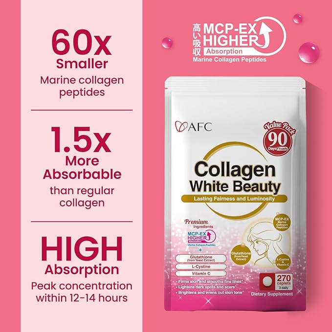 AFC Japan Collagen White Beauty with Marine Collagen Peptide Glutathione L-Cystine - 1.5X Better Absorption Than Other Collagen – Supports Skin Firmness &amp Radiance x3 Packs – 270 Days Supply