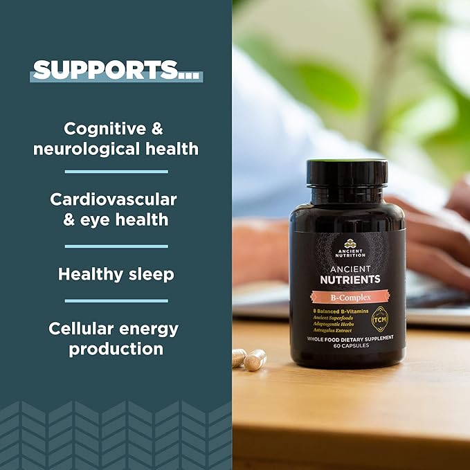 Ancient Nutrition Vitamin B Complex Supplement 8 Balanced B-Vitamins Supports Healthy Energy Levels Adaptogenic Herbs Enzyme Activated Paleo &amp Keto Friendly 60 Capsules