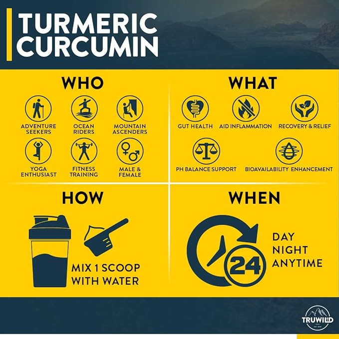 TruWild Vegan Turmeric Curcumin Drink Mix Powder with Organic Curcuminoids Black Pepper Ginger to Support Wellness and Joint Health All Natural Made in USA 20 Servings