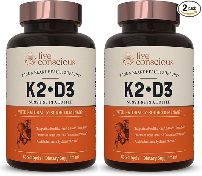 Live Conscious Vitamin K2 MK7 with D3 Supplement | Bone &amp Heart Health Support - Patented Vitamin K &amp Vitamin D3 5000 IU (2-Pack)