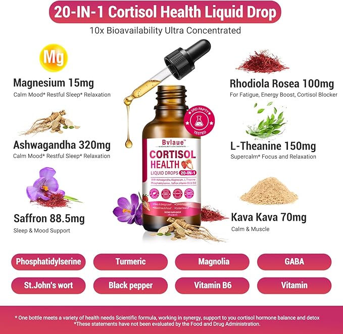 Cortisol Supplements Detox for Women - 20-in-1 Cortisol ReducerManagerLower w/AshwagandhaMagnesiumL-TheanineSaffronRhodiola for Hormone Balance/Sleep/Stress ReliefStrawberry Flavor