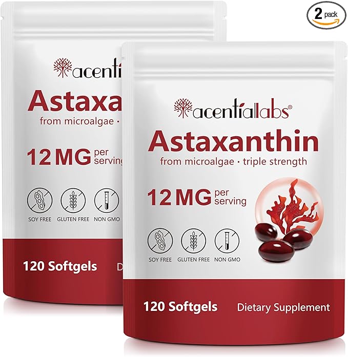 Astaxanthin Supplements 12mg - 120 Softgels | Premium Natural Antioxidant from Microalgae | Eye Skin Brain Joint Heart &amp Immune Health Support | Non-GMO Gluten-Free