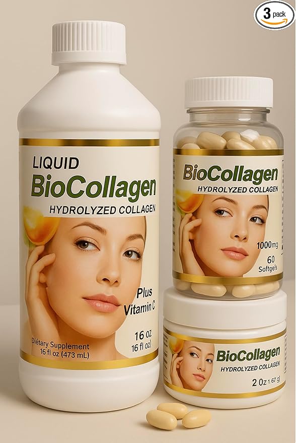 BioCollagen 3-Piece Set – Liquid Collagen Supplement 16 oz 1000 mg Softgels (60 Count) &amp 2 oz Topical Cream – with Vitamin C and Antioxidants for Skin Hair &amp Nail Support
