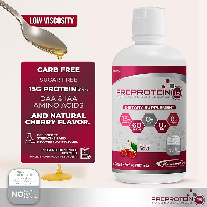 PreProtein 15 Liquid Hydrolyzed Collagen Peptides – Sugar Free Cherry Flavor Drink – 15g Protein Amino Acid Supplement for Bariatric Recovery Joint Support &amp Wound Care – 30oz