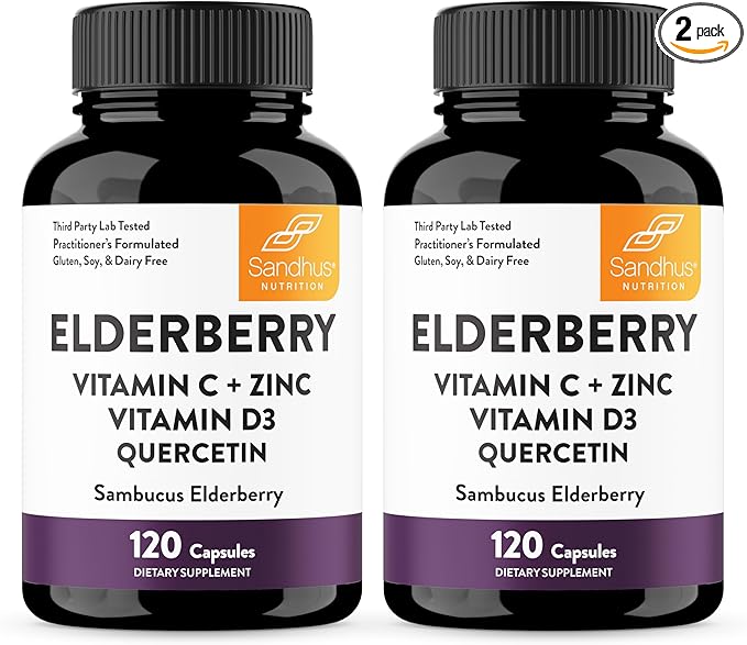 Elderberry Vitamin C and Zinc Capsules for Adults | 240 Count with Quercetin &amp Vitamin D3 | 6-in-1 Immune Support Supplement Pills | Sambucus Black Elderberry Natural Immunity Vitamins | Made in U