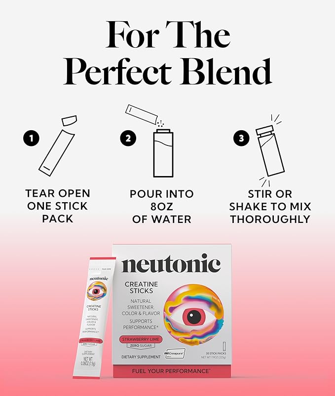 Neutonic Creatine Monohydrate | Strawberry Lime Flavored | Premium Micronized Creapure Creatine Powder | Supports Strength and Power | Zero Sugar Vegan | Convenient Single-Serve Packets | 30 Sticks