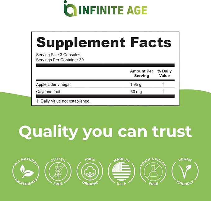 INFINITE AGE 1950mg Apple Cider Vinegar Capsules 90 Count - Made in The USA Vegan Gluten Free All-Natural - with 60mg Cayenne Fruit - No Fillers Ultra Concentrated