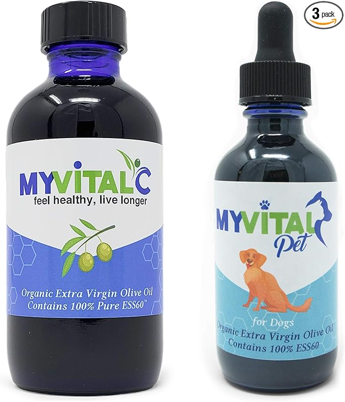 MyVitalC Combo of ESS60 Organic Extra Virgin Olive Oil &amp MyVitalPet ESS60 Extra Virgin Olive Oil for Dog &amp Pets Bacon Flavored - for Longevity - Nootropic - Sleep - Energy - Focus - Pack of 2