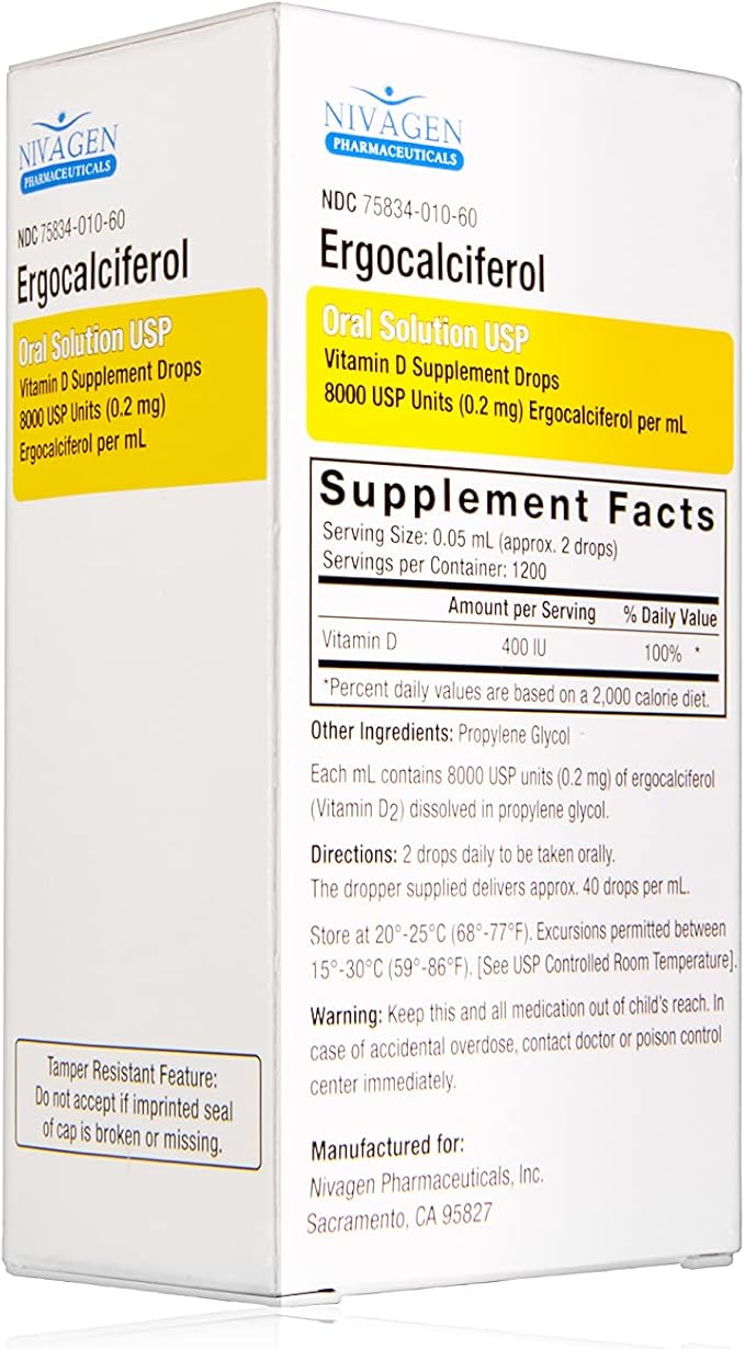 Vitamin D2 Liquid Drops (Ergocalciferol) 400 IU - 60ml (8000 USP 1200 Servings) + Vitamin D3 50000 IU Capsules (100 Count)