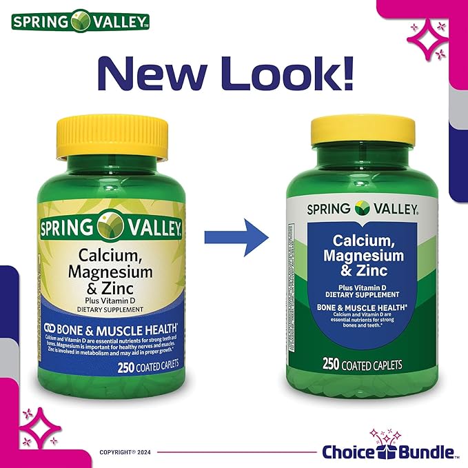 Spring Valley Calcium Magnesium &amp Zinc Plus Vitamin D Coated Caplets 250 Ct 3 pk (750 Total) + Vitamin Vitality &amp Pill Container (5 Items)!