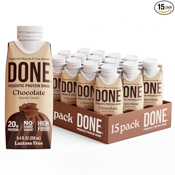 Done Prebiotic Protein Drink Chocolate 20G Whey Protein High Fiber Protein Shake With Prebiotics Gluten Free Lactose Free No Added Sugar Natural Flavor Non GMO 8.4 FL Oz Each 15 Pack