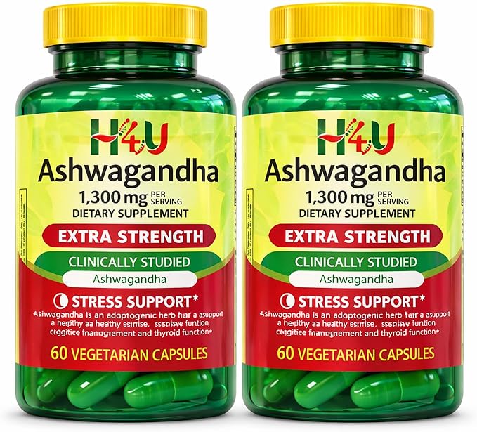 H4U Ashwagandha 1300mg Extra Strength Dietary Supplement 60 Vegetarian Capsules (Standard 1300mg – 2 Pack)