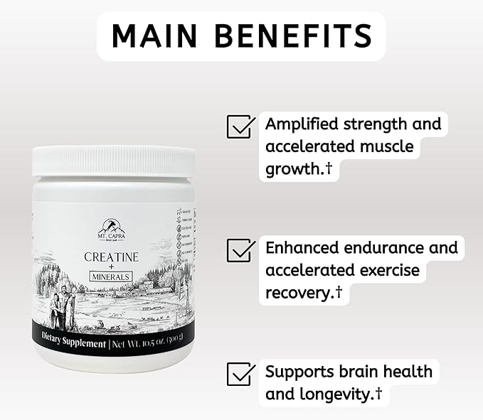 Mt. Capra Creatine + Minerals | 5 g Creatine Monohydrate with Goat Whey Mineral Concentrate | Enhance Hydration and Cellular Performance | 40 Servings