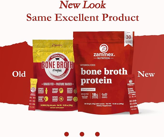 Zammex Bone Broth Collagen Packets-18g Collagen Protein-Bone Broth Powder to Go-30 Travel Packets-Supports Skin Nails Joints Gut Health | Gluten-Free |Keto &amp Paleo Friendly-Natural Flavor