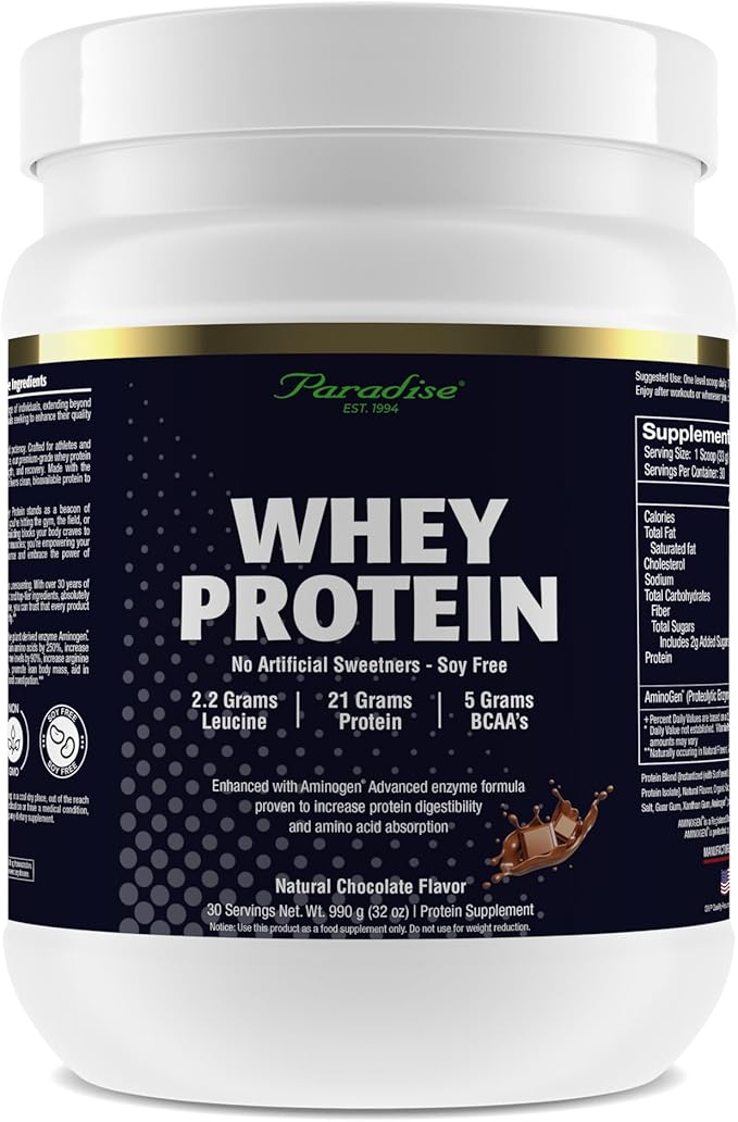 Paradise Herbs 100% Whey Protein Powder Chocolate 21g Protein 5.5 BCAA's 2.2g L-Leucine 210mg Aminogen 30 Servings