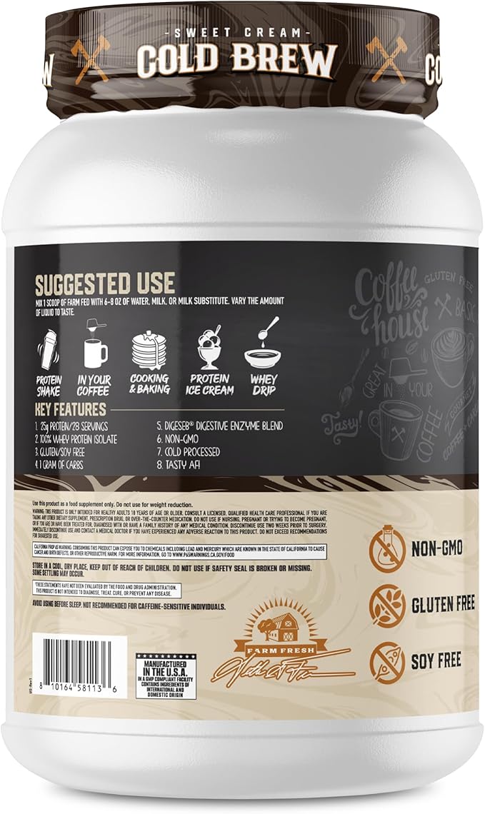 Axe &amp Sledge Farm Fed 100% Whey Protein Isolate | 25g Protein | Low Carb Low Sugar Gluten Free | Protein Powder for Men and Women | Keto | Made in The USA | 28 Servings Sweet Cream Cold Brew