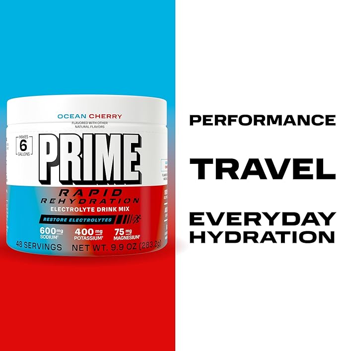 Prime Rapid Rehydration Electrolyte Powder Ocean Cherry Sugar Free Hydration Drink Mix with Sodium Potassium Magnesium &amp B Vitamins to Replenish Fluids Caffeine Free 6 Gallon Tub 48 SRV