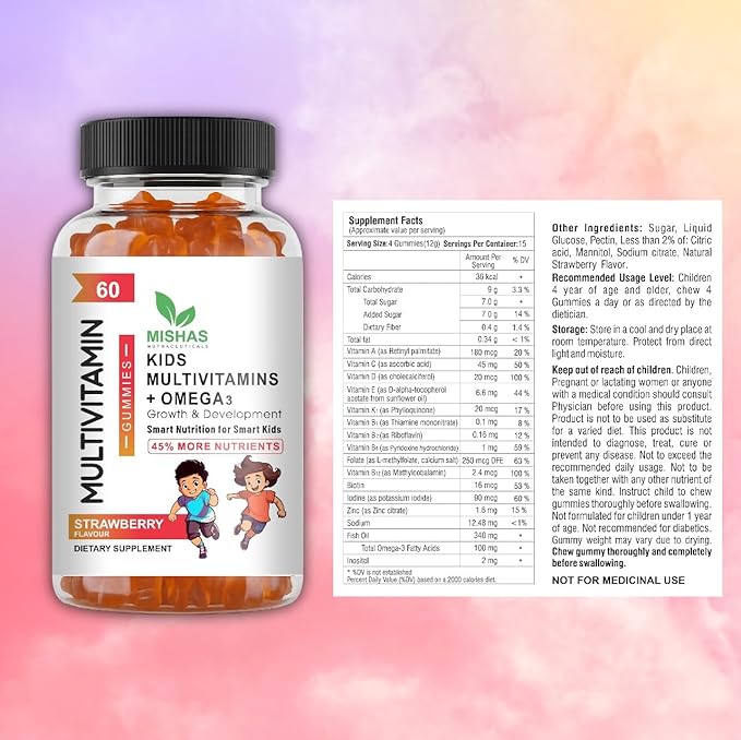 Mishas Nutraceuticals Kids Multivitamin Gummies with Omega 3 Fish Oil (EPA/DHA) Vitamin D3 C B12 B6 Vitamin A K &amp Zinc Immune Support Gluten-Free Three Fruit Flavors 60 Count (30-Day Supp