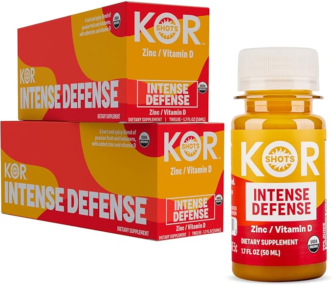 Kor Shot Vitamin D &amp Zinc Shot - 24 Pack x 1.7 Fl Oz - Intense Defense - 100% DV of Zinc and 235% DV of Vitamin D- USDA Certified Organic