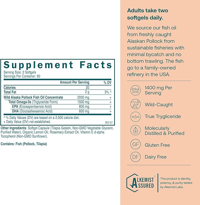 True Grace Omega-3 Fish Oil - 180 Softgels - 1400 mg EPA + DHA - Brain Heart Joint &amp Immune Health - Organic Gluten Free Soy Free