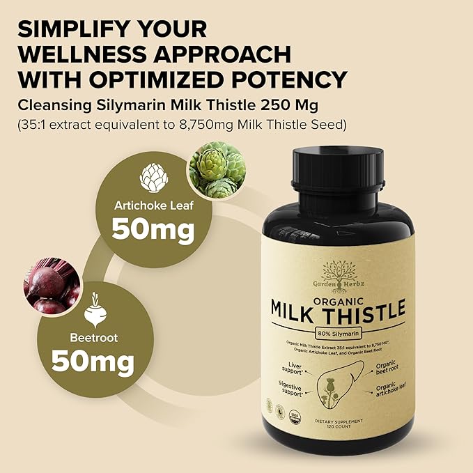 USDA Organic Milk Thistle Liver Detox Supplement 80% Silymarin 250 mg with Beet Root &amp Artichoke Extract for Liver Support &amp Digestion Made in USA 120 Capsules (2 Month Supply)