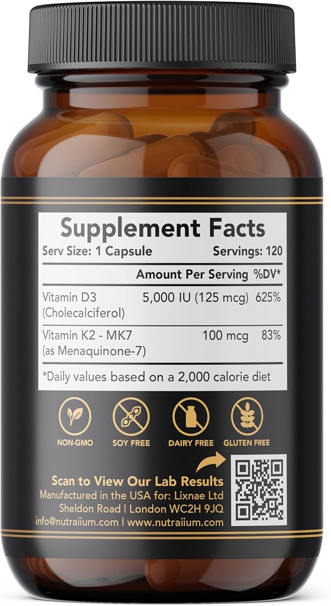 Vitamin D3 K2 Supplement 5000 IU 100 mcg MK7 – High Potency D3+K2 Capsules for Artery Health Heart Support &amp Strong Bones Non-GMO Third-Party Tested d3+k2 Vitamin Supplement Artery Armor -120 Cou
