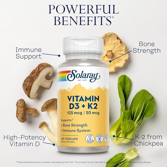 SOLARAY Vitamin D3 K2 - Bone Health and Immune Support Supplement - With 5000 IU Vitamin D as Vit D3 and 50 mcg Vitamin K2 as Menoquinone MK7 Made Without Soy 60-Day Guarantee 120 Serv 120 VegCaps