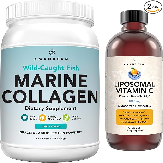 Marine Collagen Powder + Vitamin C - Perfect Skin from Within Combo. Wild-Caught Cod Fish Peptides Liposomal VIT C Liquid 1000mg. Boost Production and Synthesis for Healthy Aging Beauty Wellness.