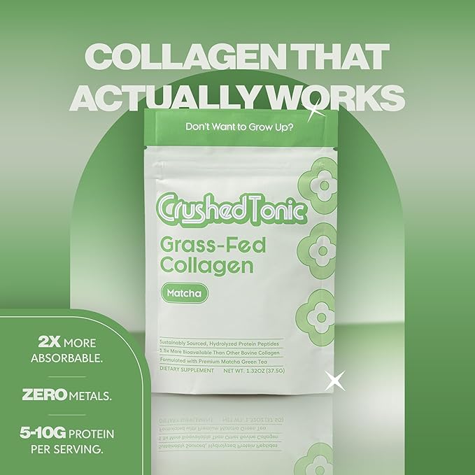 Crushed Tonic Marine Collagen Powder Korean Beauty Drink with Hydrolyzed Collagen Peptides for Skin Hair &amp Nails | Gluten-Free Halal &amp Kosher (Matcha 30 Servings (150 Grams) Sticks)