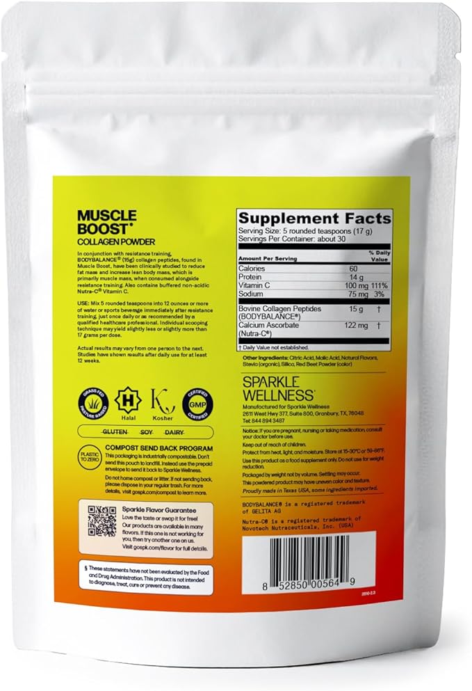 Sparkle Wellness BODYBALANCE Bioactive Collagen Peptides | Collagen Powder Supplement with Hydrolyzed Collagen Peptides &amp Buffered Vitamin C | Muscle Boost (Mixed Berry) [30-Serves]