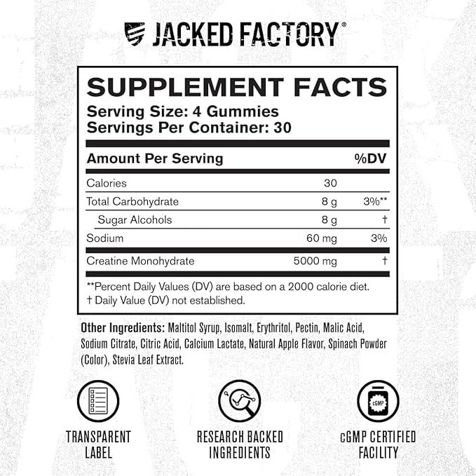 Jacked Factory Sugar Free Creatine Gummies - 5g Daily Dose (1.25g per Gummy) - Creatine Gummy Sugar Free for Men and Women Vegan-Friendly Third-Party Tested - 120 Gummies Green Apple