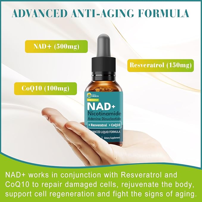 CoQ10 100mg Liposomal NAD+ 500mg Resveratrol 150mg Liquid Supplements for Women &amp Men- Boost Energy &amp Anti-Aging - Vegan Non-GMO Gluten Sugar-Free - 2 Fl Oz