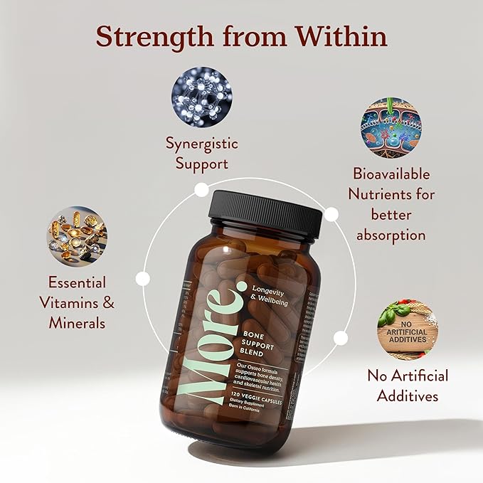 More. Longevity &amp Wellbeing Premium Calcium Supplement - Bone Strength Supplements with Magnesium Vitamin D3 + K2 &amp Zinc for Bone Health Support - 4 Capsule Daily - Easy to Swallow - 120 Caps