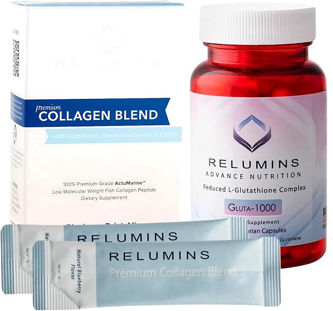 Relumins Premium Collagen &amp Gluta-1000 Bundle - 10 Sachets of Marine Collagen (Blueberry Flavor) + 60 Vegetarian Capsules - Supports Skin Health &amp Wellness