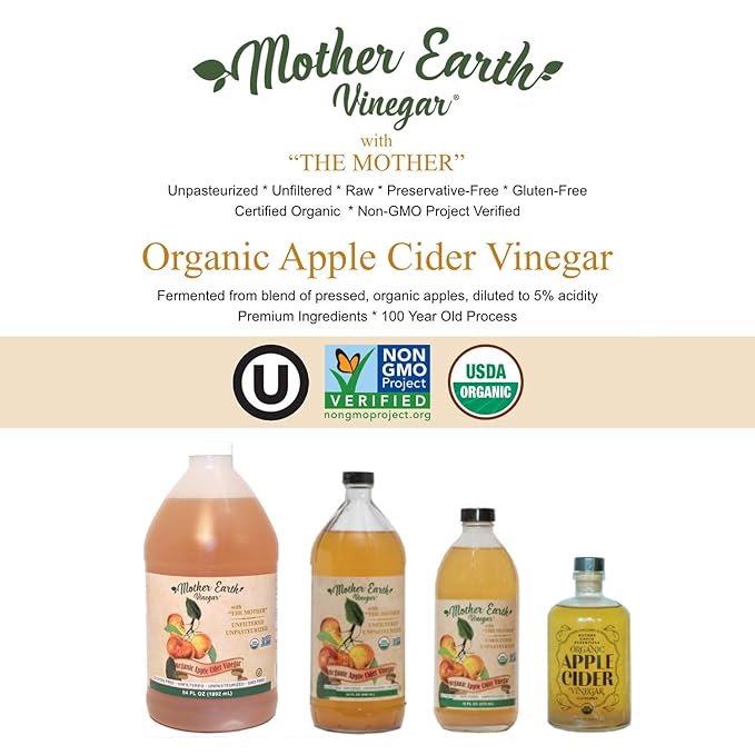 Mother Earth Organic Apple Cider Vinegar with The Mother Half Gallon Fresh Pressed Organic Apples OACV ACV Raw Unpasteurized Unfiltered (1/64oz Bottle)
