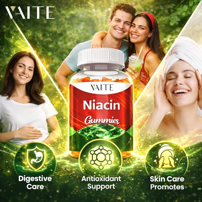 VAITE Niacin (Vitamin B3) 1000mg Supplement – Antioxidant &amp Energy Support Nicotinic Acid for Nutrient Conversion &amp Skin Hydration Sugar-Free 60 Vegan Gummies Non-GMO Daily Chewable