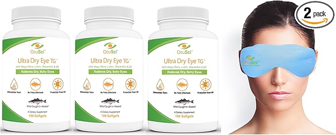 Formulated for Dry Eyes with Triglyceride Ultra Pure Omega-3 Omega-7 Lutein and D3 and a Dry Eye Compress