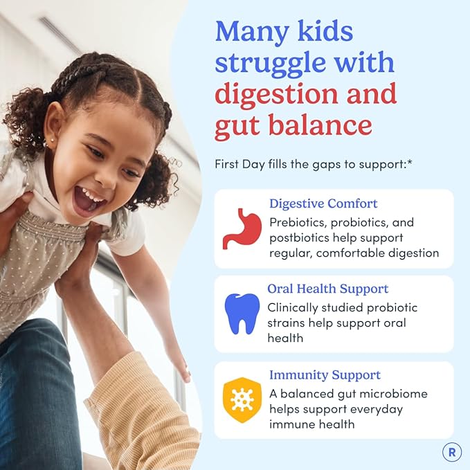 FIRST DAY Kids 3-in-1 Probiotic Gummies – Prebiotic + Probiotic + Postbiotic Supplement – Supports Digestive &amp Oral Health Immune Function &amp Energy Levels – 30-Day Supply