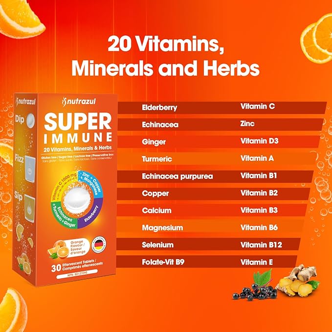 nutrazul Super Immune 30 Effervescent Tablets 20 Vitamins &amp Minerals Herbal Extracts to Support Daily Routine Vitamin C Zinc Elderberry &amp Echinacea Gluten-Free Sugar-Free Orange Flavor
