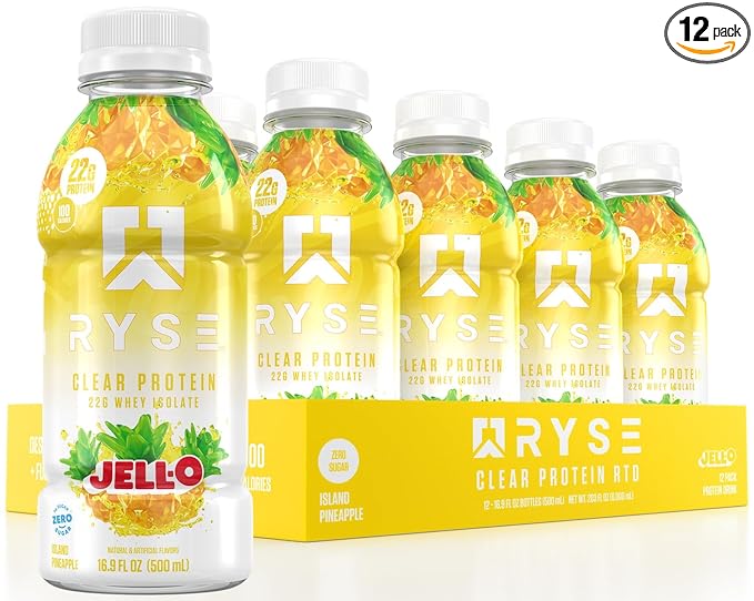 RYSE Clear Protein Drink - Jell-O Island Pineapple - 100 Calories 22g Whey Isolate Protein Shake Sugar-Free 0g Fat &amp Lactose-Free - Refreshing Ready-to-Drink Beverage - 16.9 fl oz Bottles (12-P