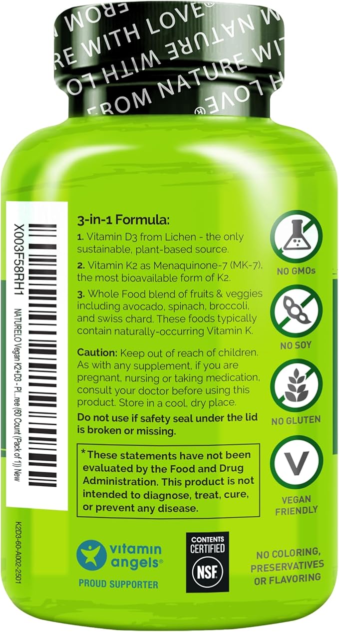 NATURELO Vitamin D3 K2 - Vegan K2+D3 with Plant Based D3 from Lichen - Natural D3 Supplement for Immune System Bone Support Heart Health - Whole Food - Non-GMO - Gluten Free 60 Capsules (Pack of 2)