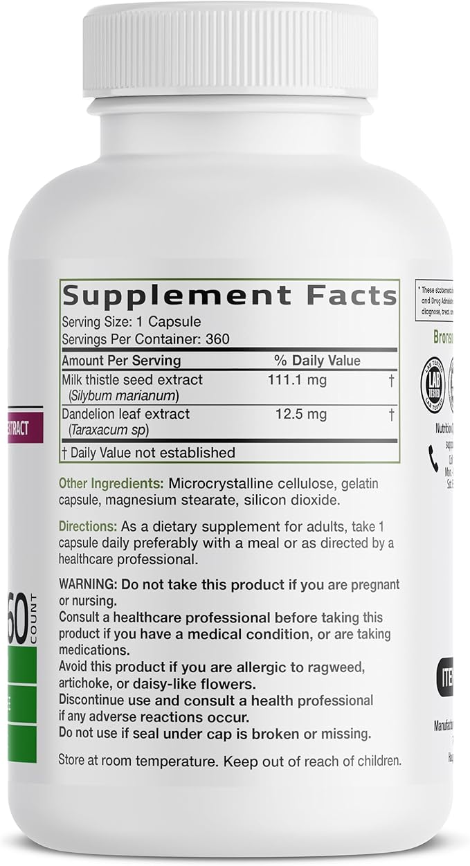 Bronson Milk Thistle Silymarin Marianum &amp Dandelion Extract Liver Health Support Antioxidant Support Detox 360 Capsules