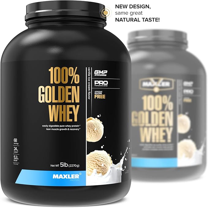 Maxler 100% Golden Whey Protein - 24g of Protein per Serving - Whey Protein Powder for Pre Post Workout - Fast-Absorbing Whey Concentrate Isolate &amp Hydrolysate Blend - Vanilla Ice Cream 5 lb