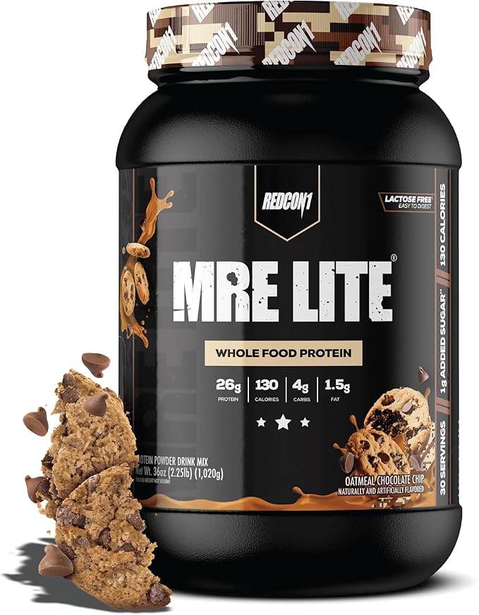 REDCON1 MRE LITE Whole Food Protein Powder Oatmeal Chocolate Chip - Lactose Free Meal Replacement with Animal Protein Blends - Easy to Digest Formula - Only 4g Carb per Serving (30 Servings)