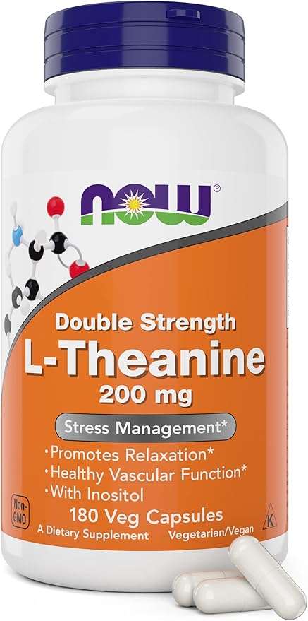 NOW Foods L-Theanine Double Strength 200 mg Per Cap - 180 Veg Capsules - Enhanced with 100mg Inositol - Vegetarian Non-GMO - Ltheanine 200mg Supplement
