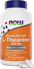 NOW Foods L-Theanine Double Strength 200 mg Per Cap - 180 Veg Capsules - Enhanced with 100mg Inositol - Vegetarian Non-GMO - Ltheanine 200mg Supplement
