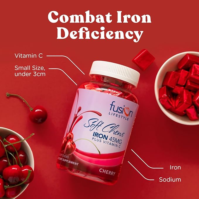 Chewable Iron Supplement for Women &amp Men - Cherry Flavor Iron Vitamin C Soft Chew for Max Absorption Iron as Ferrous Fumarate Ideal for Anemia and Iron Deficiency 2 Month Supply