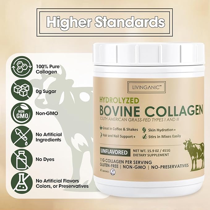Collagen Peptides Powder Unflavored 15.9oz Hydrolyzed Bovine Collagen 41 Servings Types I &amp III Grass-Fed Pasture-Raised Protein Zero Sugar Supplement