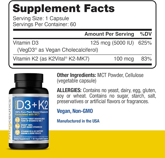 Vitamin D3 K2 with MCT 5000 IU Vegan D3 &amp 100 mcg MK7 K2 Support Strong Bones and Immune Health - 60 Capsules (60 Days Supply)